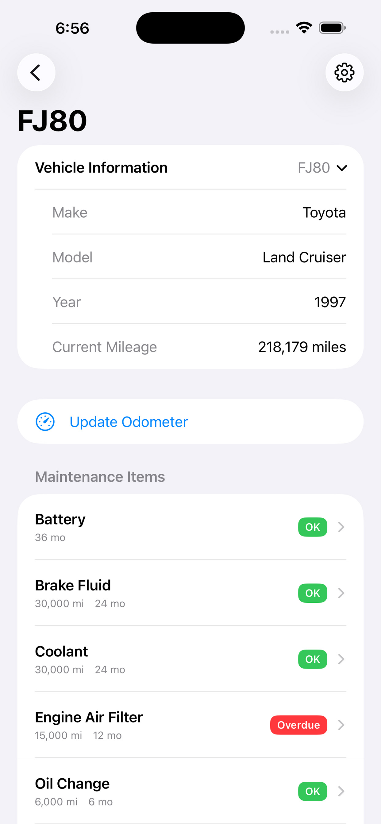 Maintenance List Screen