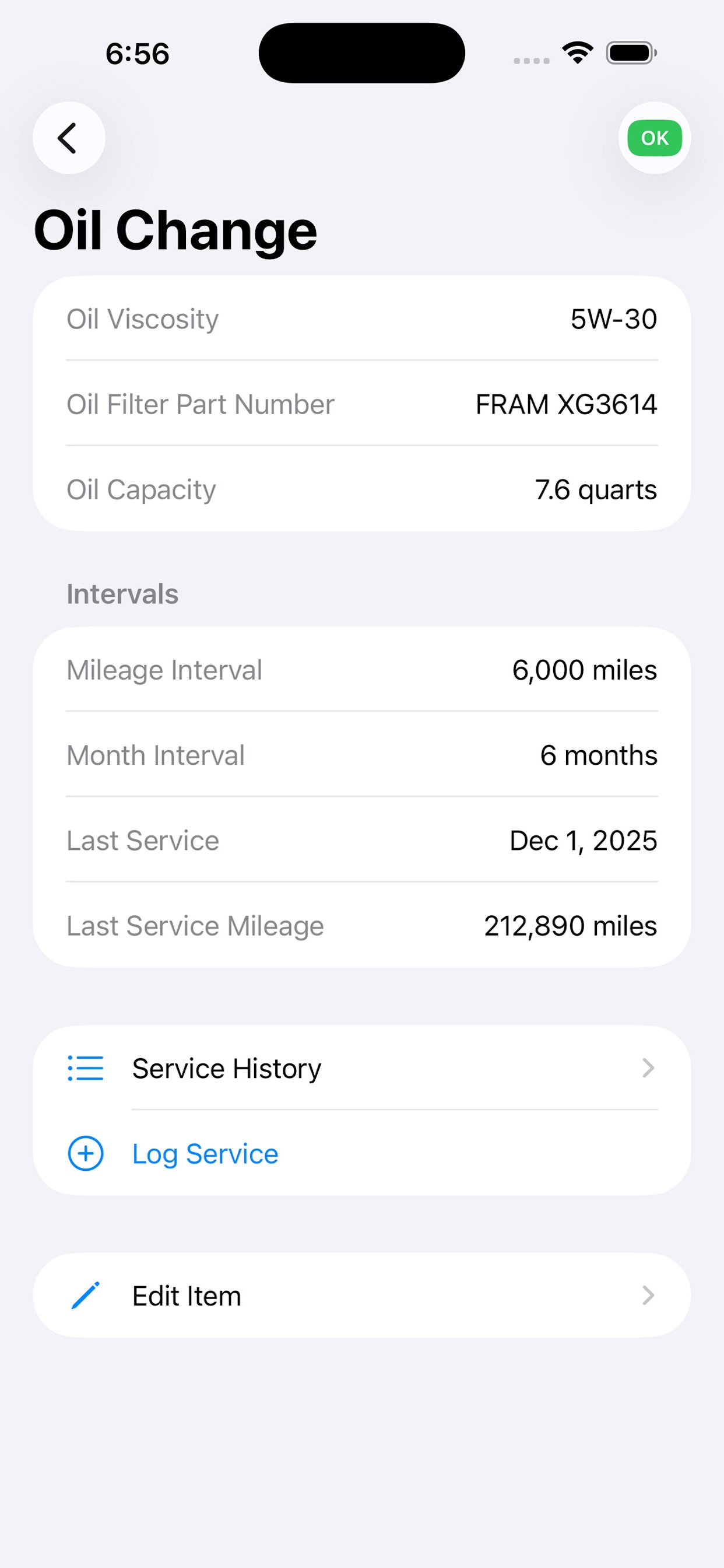 Oil Change Detail Screen